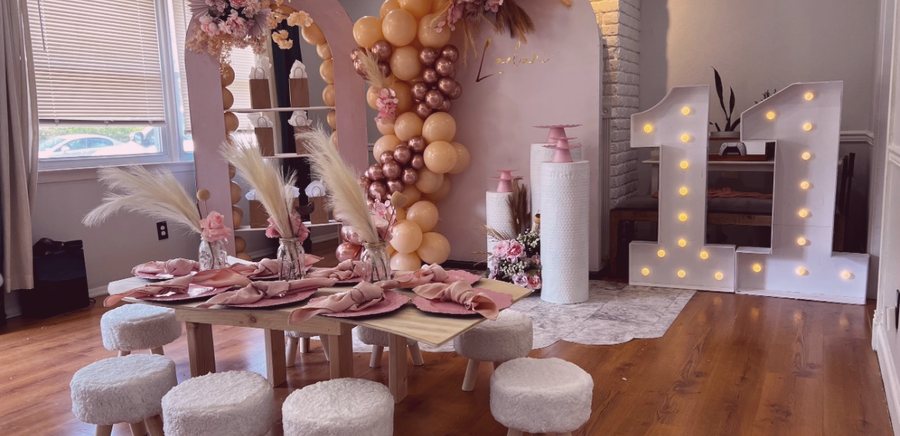 Balloon decor, dessert table and party rentals